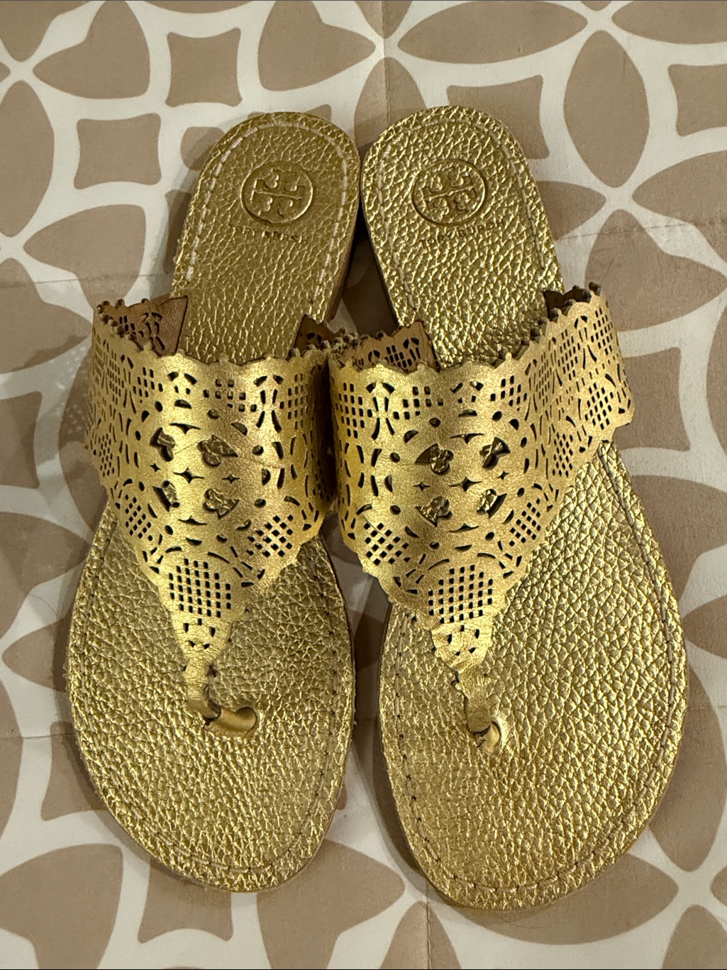 Tory Burch Metallic Gold Laser-Cut Toe-Post Sandals
